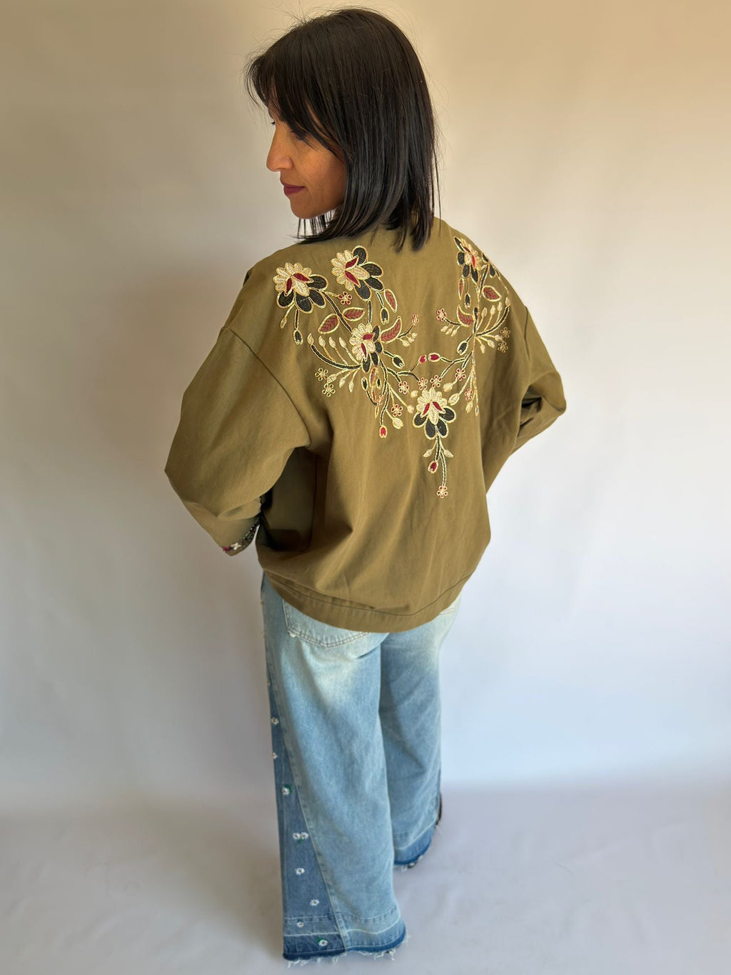 Blazer camicia in cotone verde ricamata
