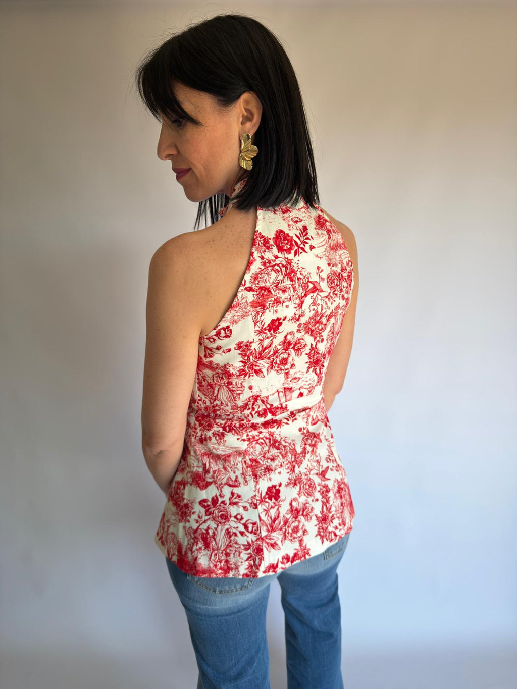 Top con stampa Toile de jouy rossa