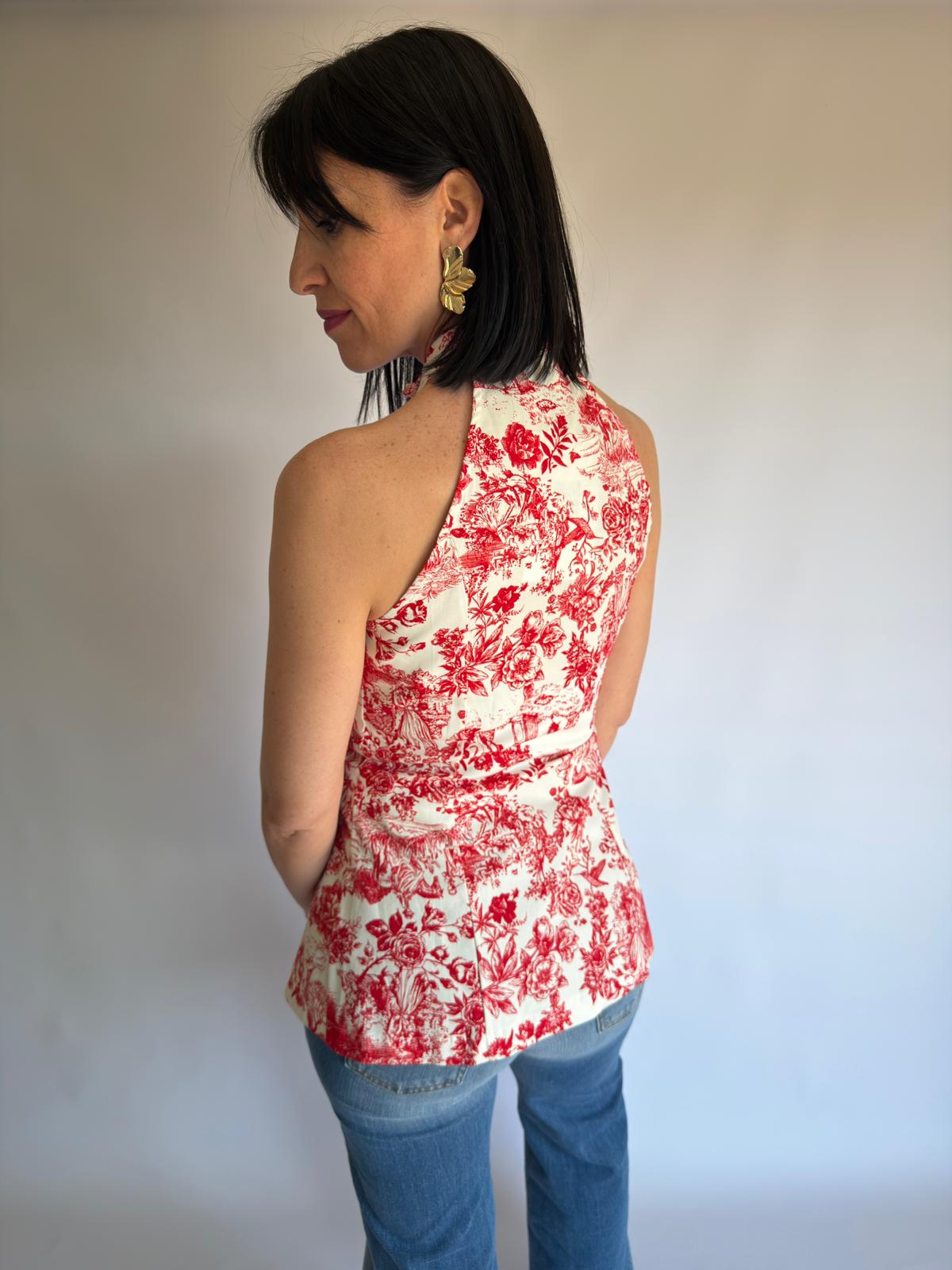 Top con stampa Toile de jouy rossa