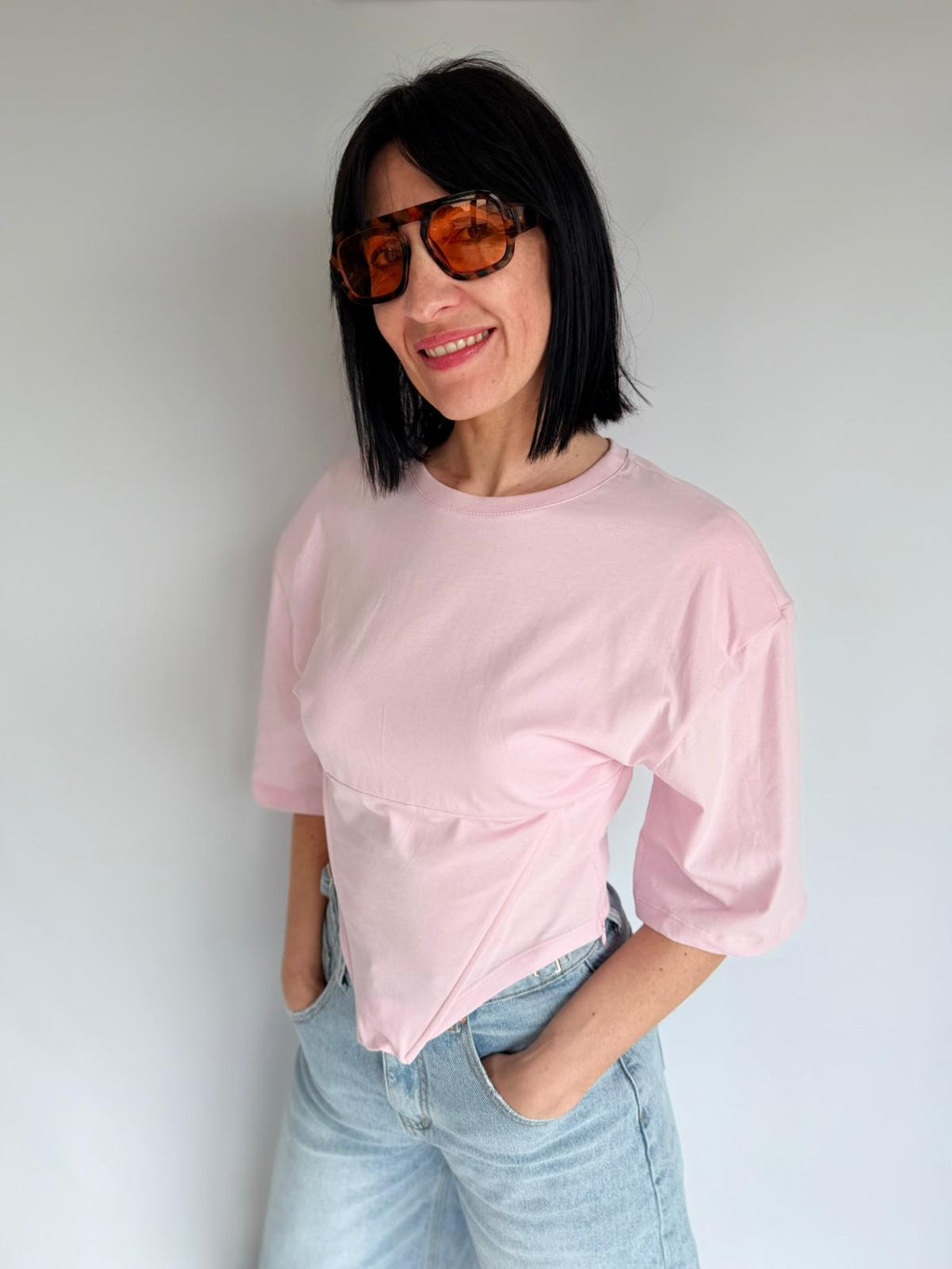 T-shirt effetto corsetto rosa