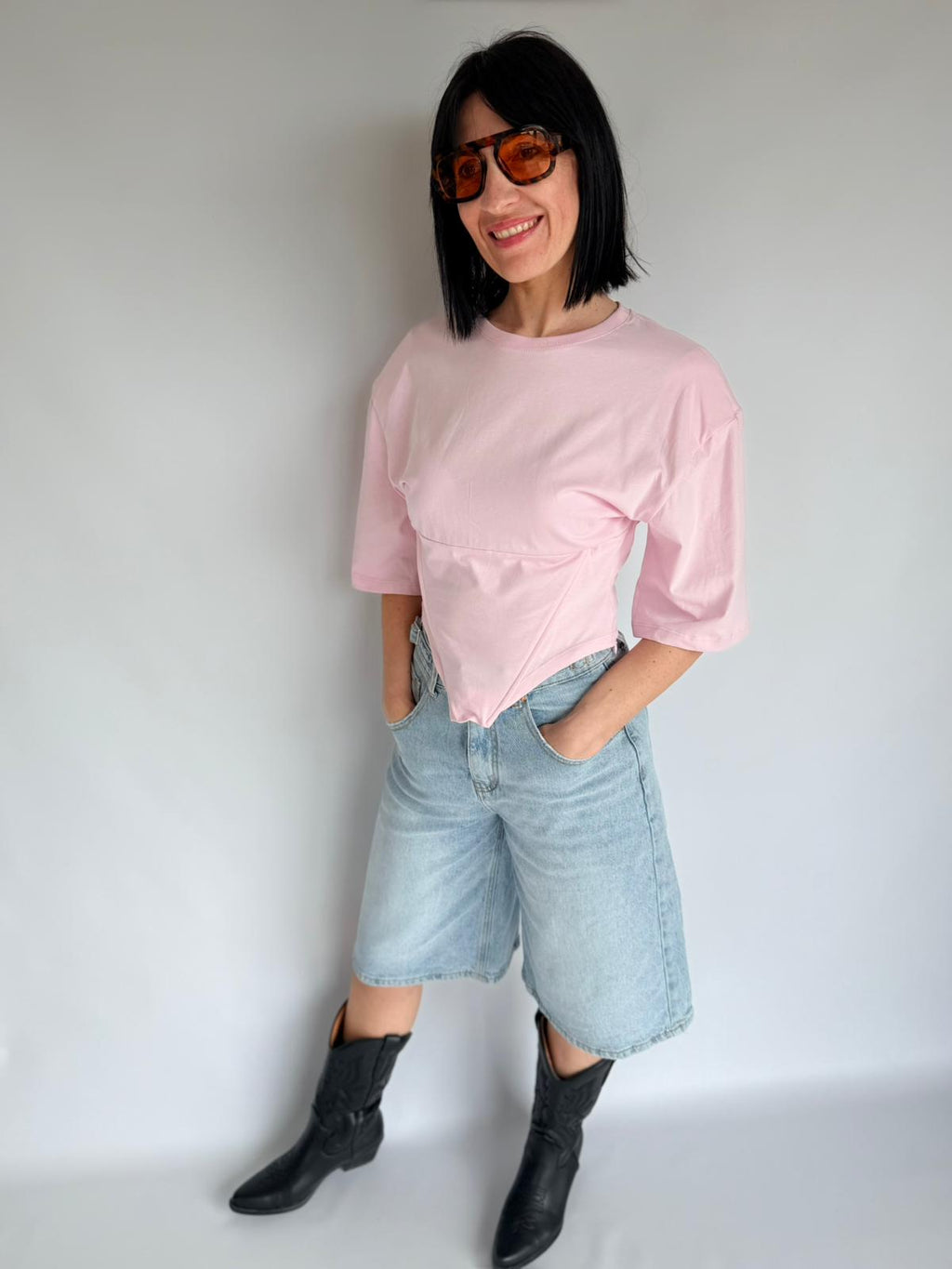 T-shirt effetto corsetto rosa