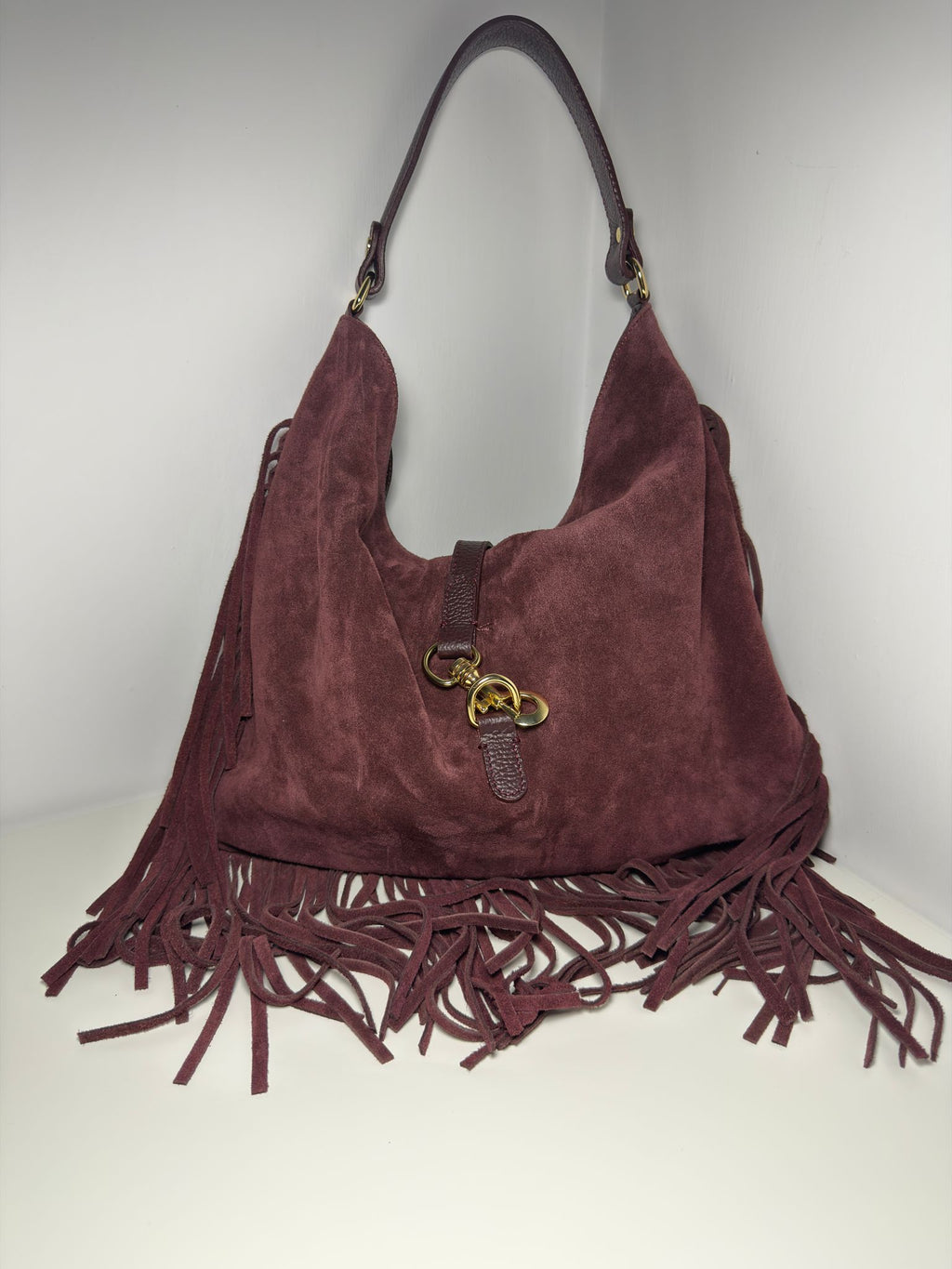 Borsa scamosciata bordeaux con frange