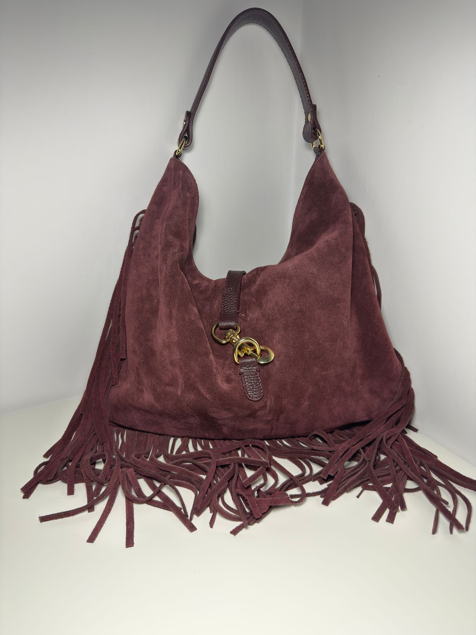 Borsa scamosciata bordeaux con frange