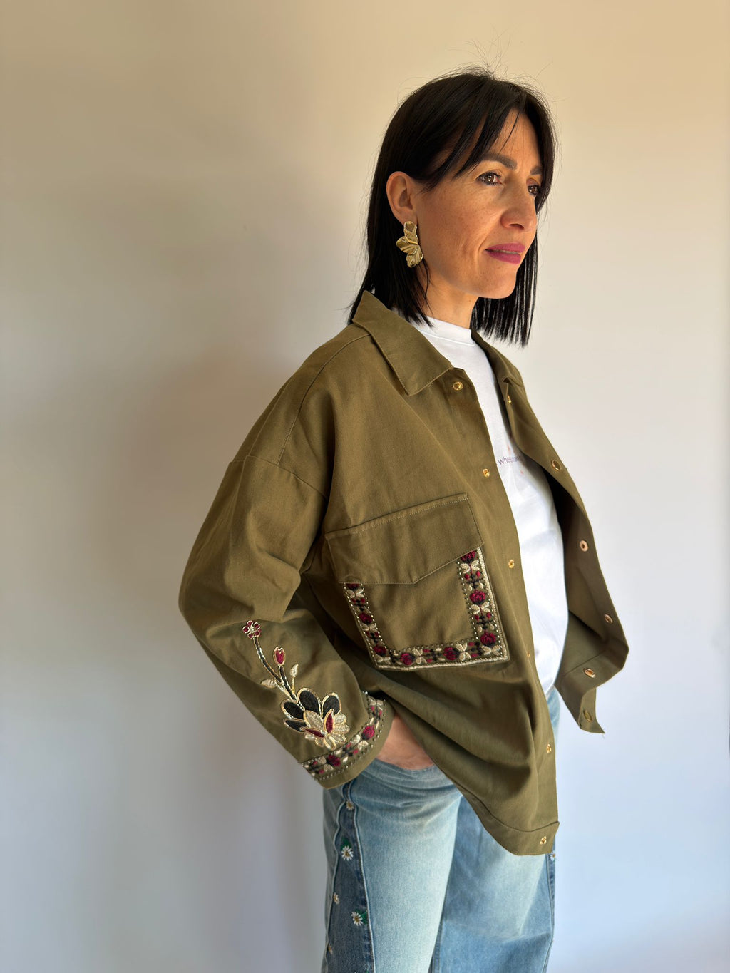 Blazer camicia in cotone verde ricamata