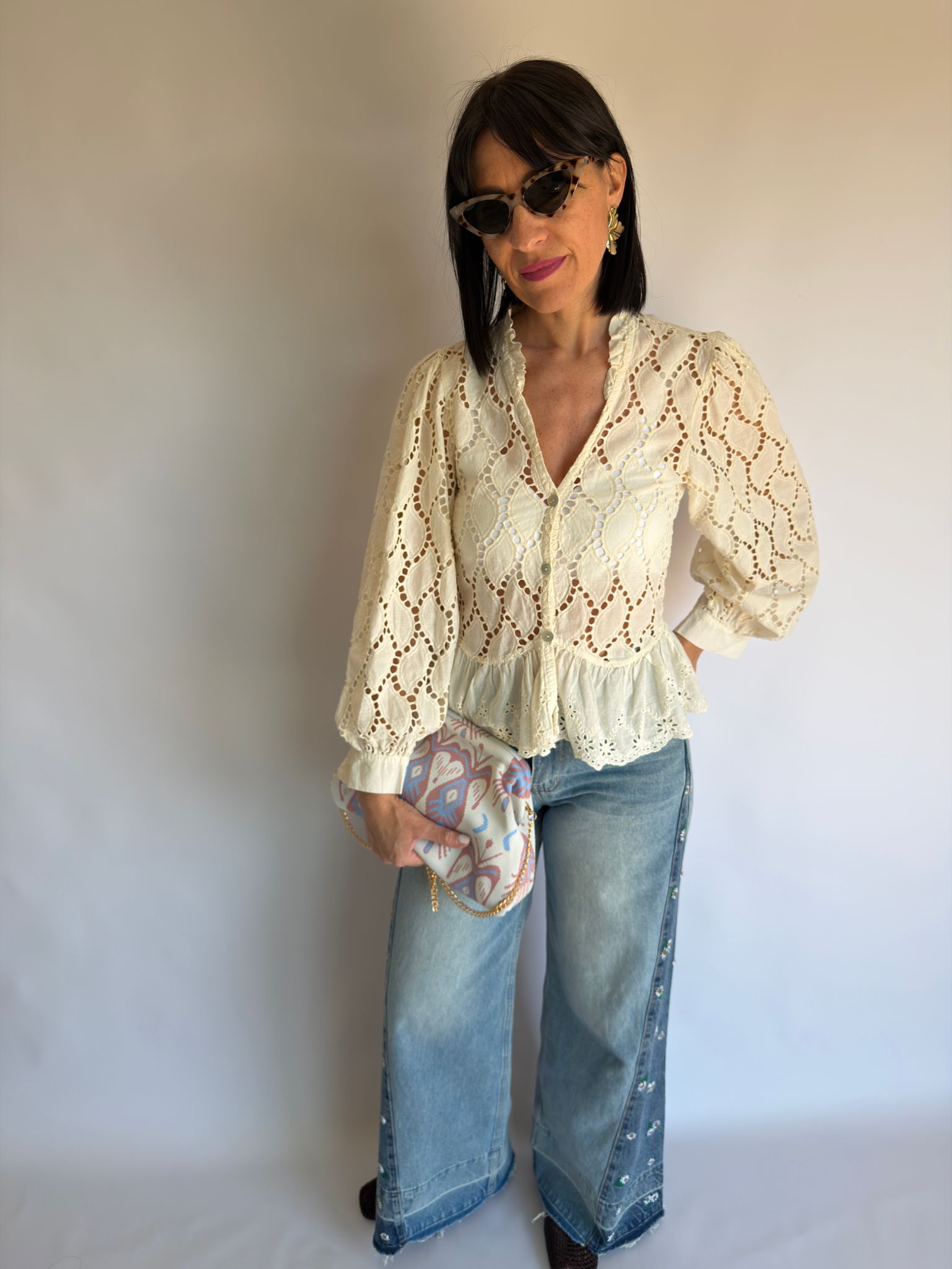 Camicia effetto Sangallo crema