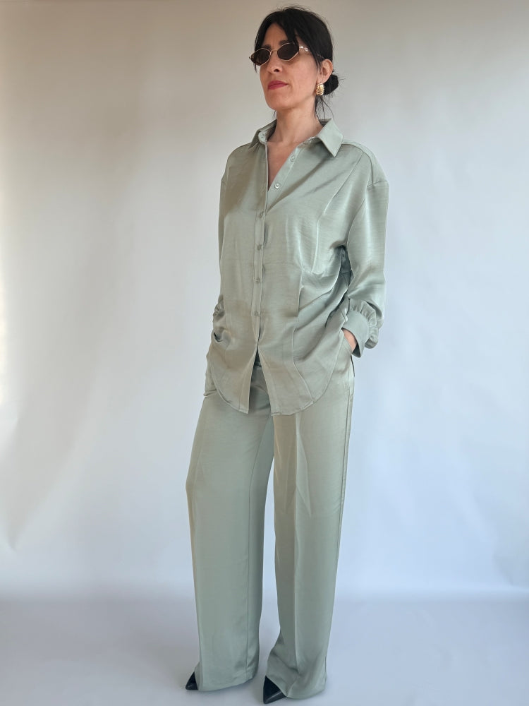 Pantalone raso di seta salvia