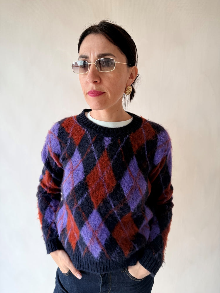 Maglione a rombi viola e bordeaux a rombi Philia Loft
