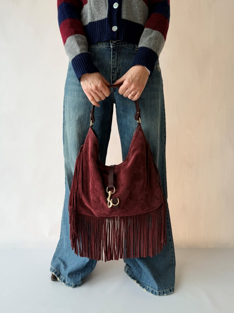 Borsa scamosciata bordeaux con frange