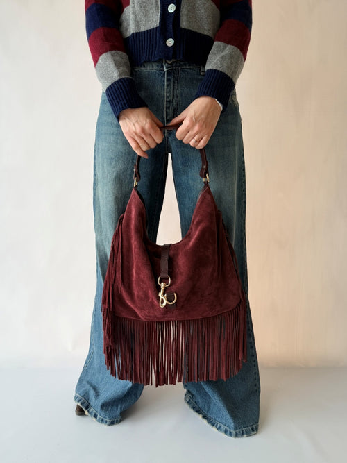 Borsa scamosciata bordeaux con frange