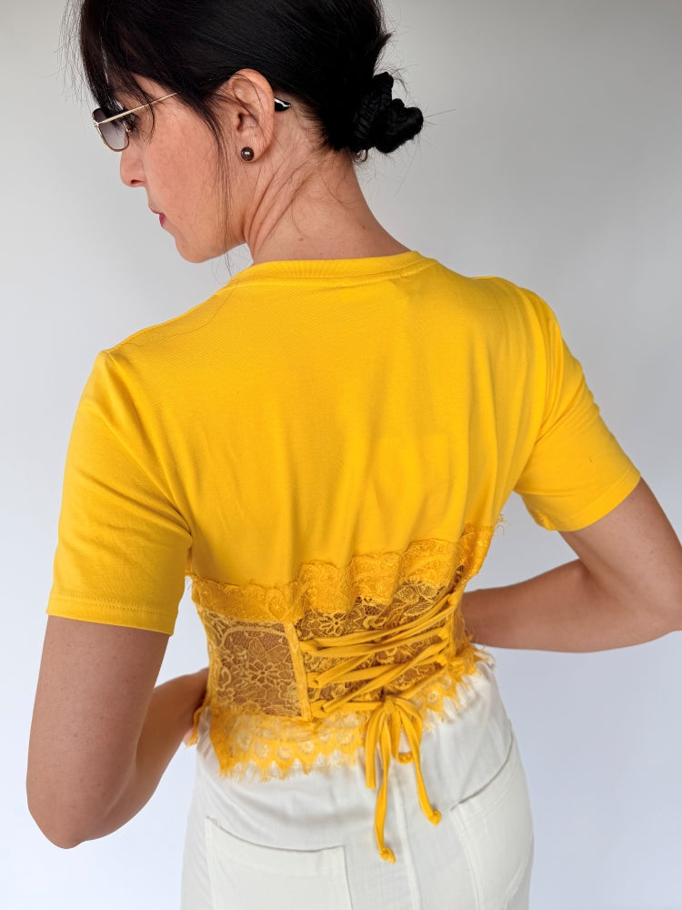 Top/T-shirt gialla pizzo
