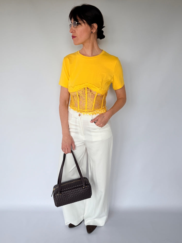 Top/T-shirt gialla pizzo