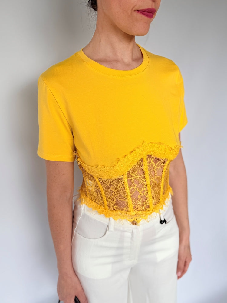 Top/T-shirt gialla pizzo