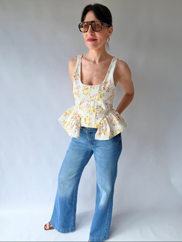 Top corsetto floreale rossa/gialla