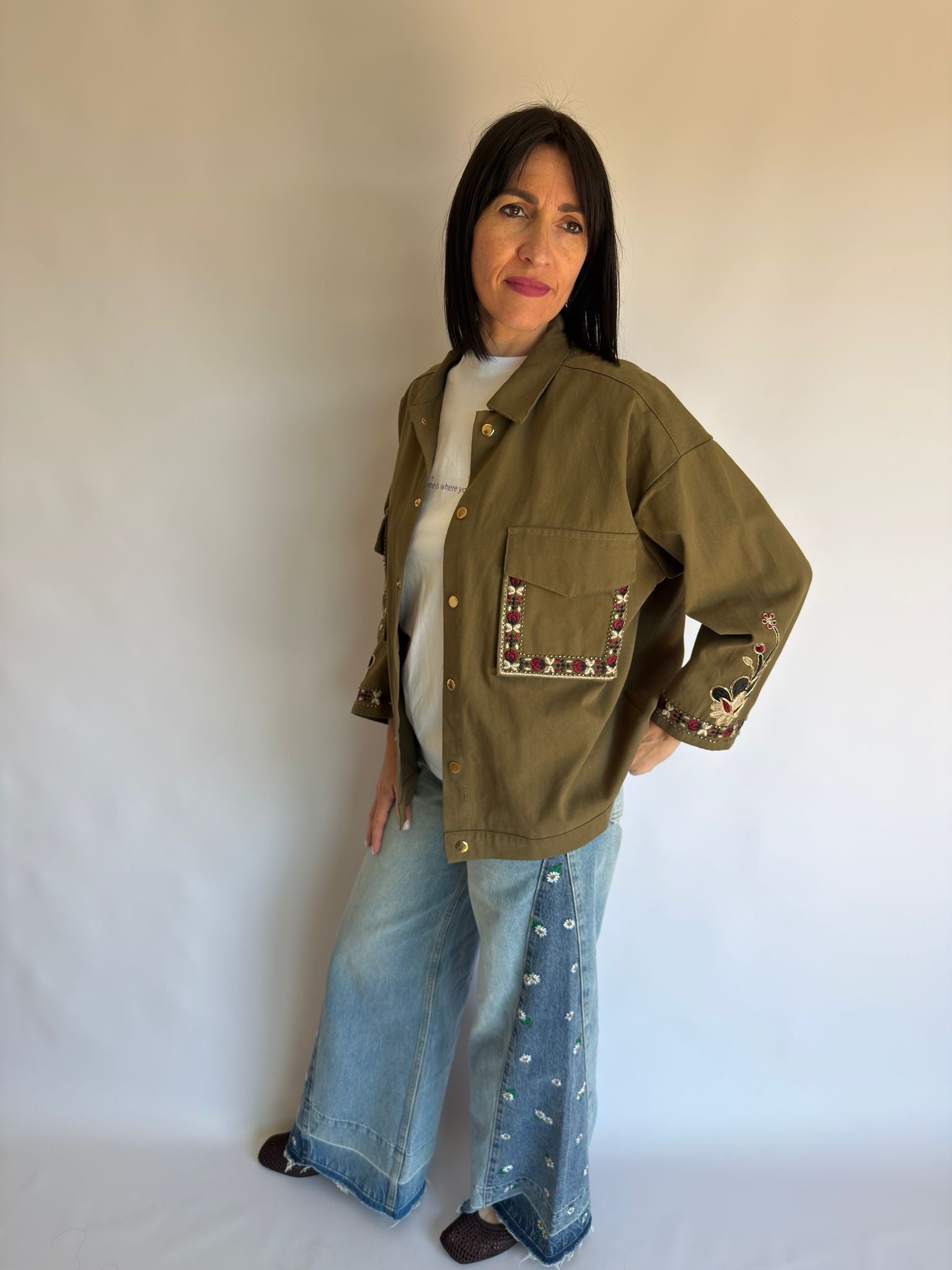Blazer camicia in cotone verde ricamata