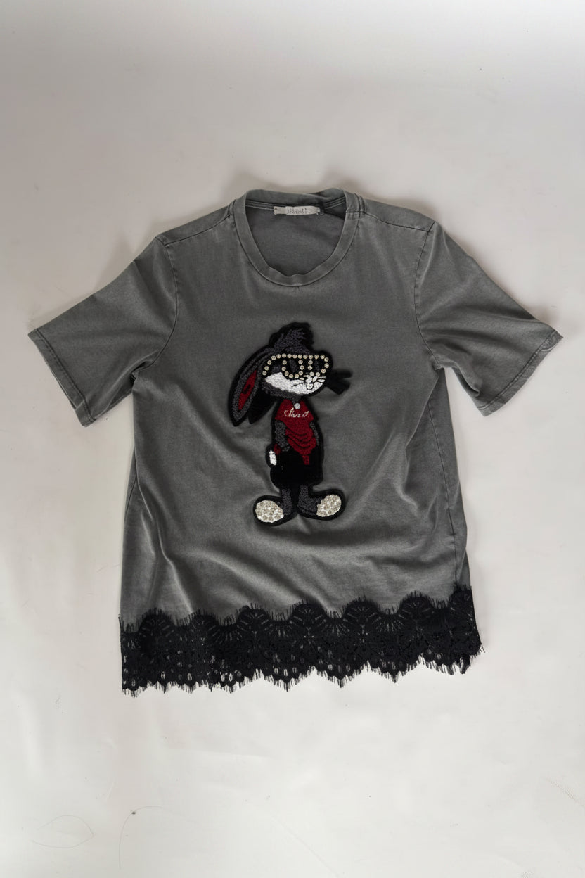 T-Shirt grigia con pizzo