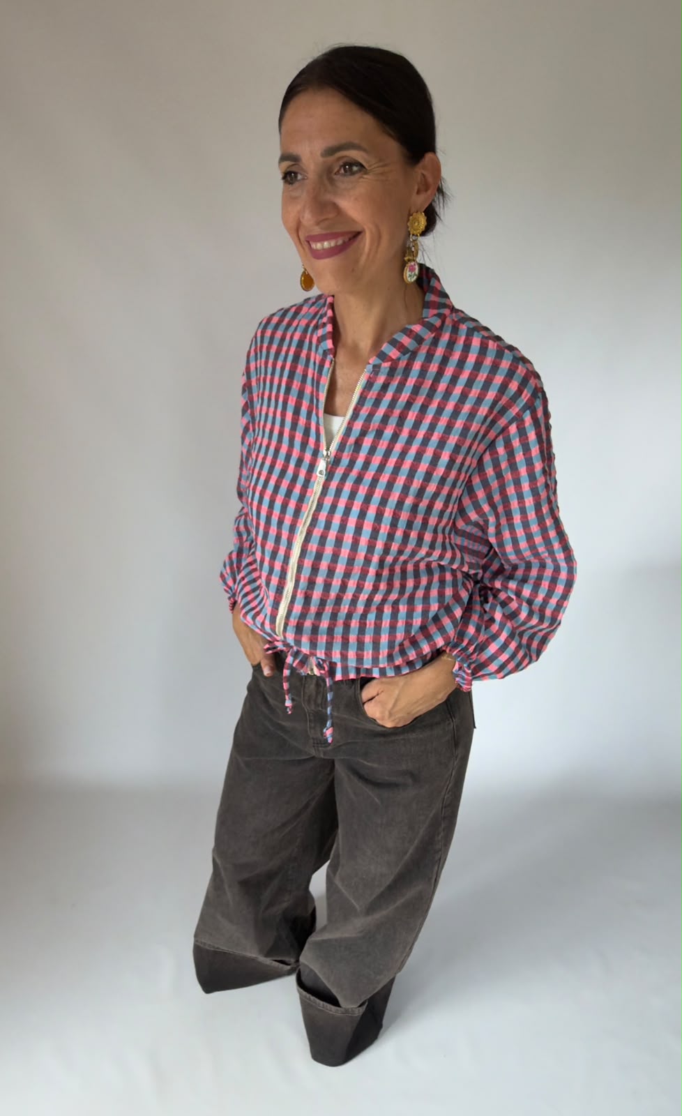 Camicia a quadri rosa con zip