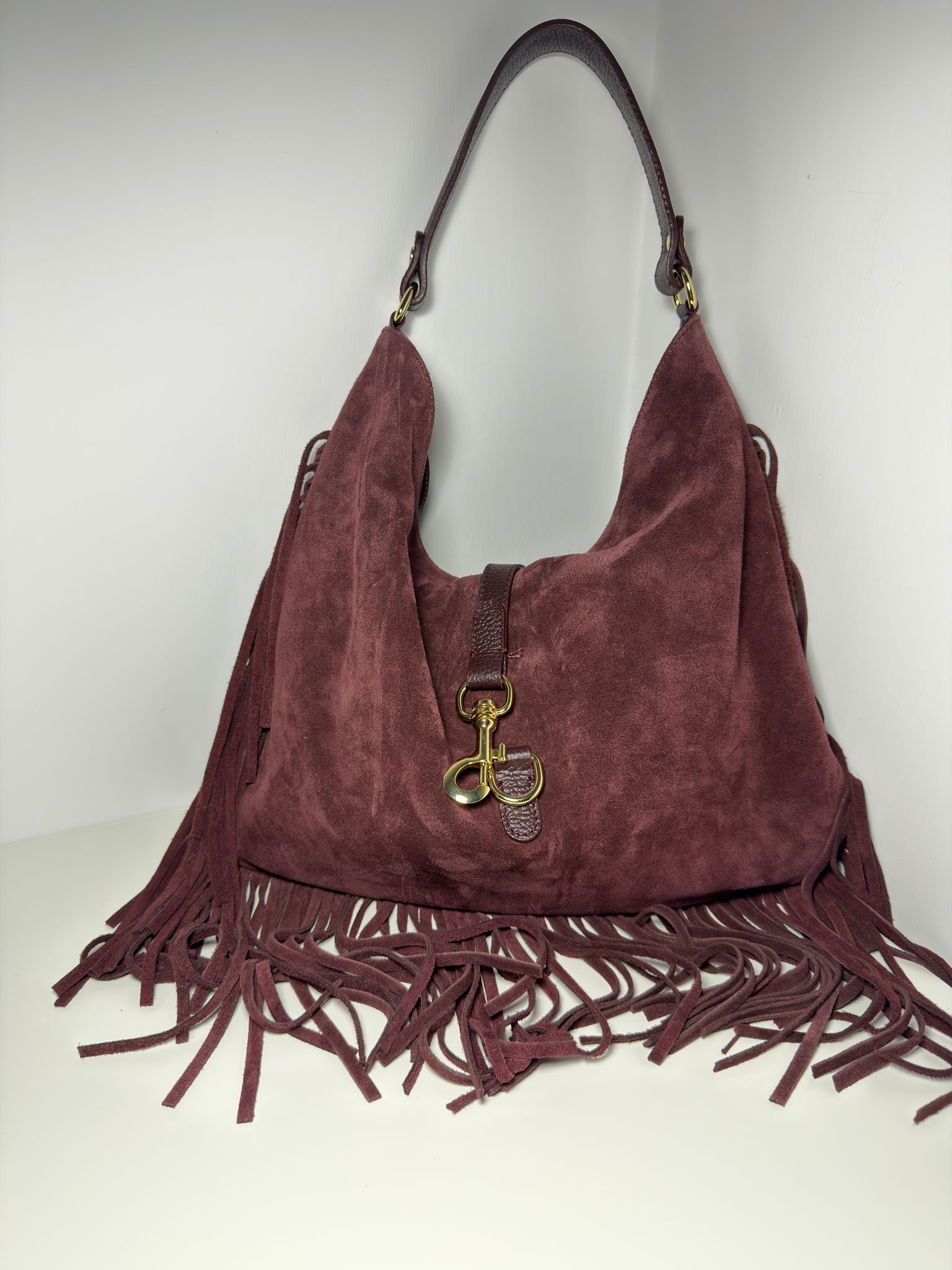 Borsa scamosciata bordeaux con frange