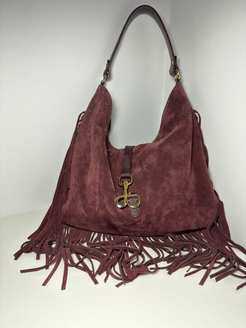 Borsa scamosciata bordeaux con frange